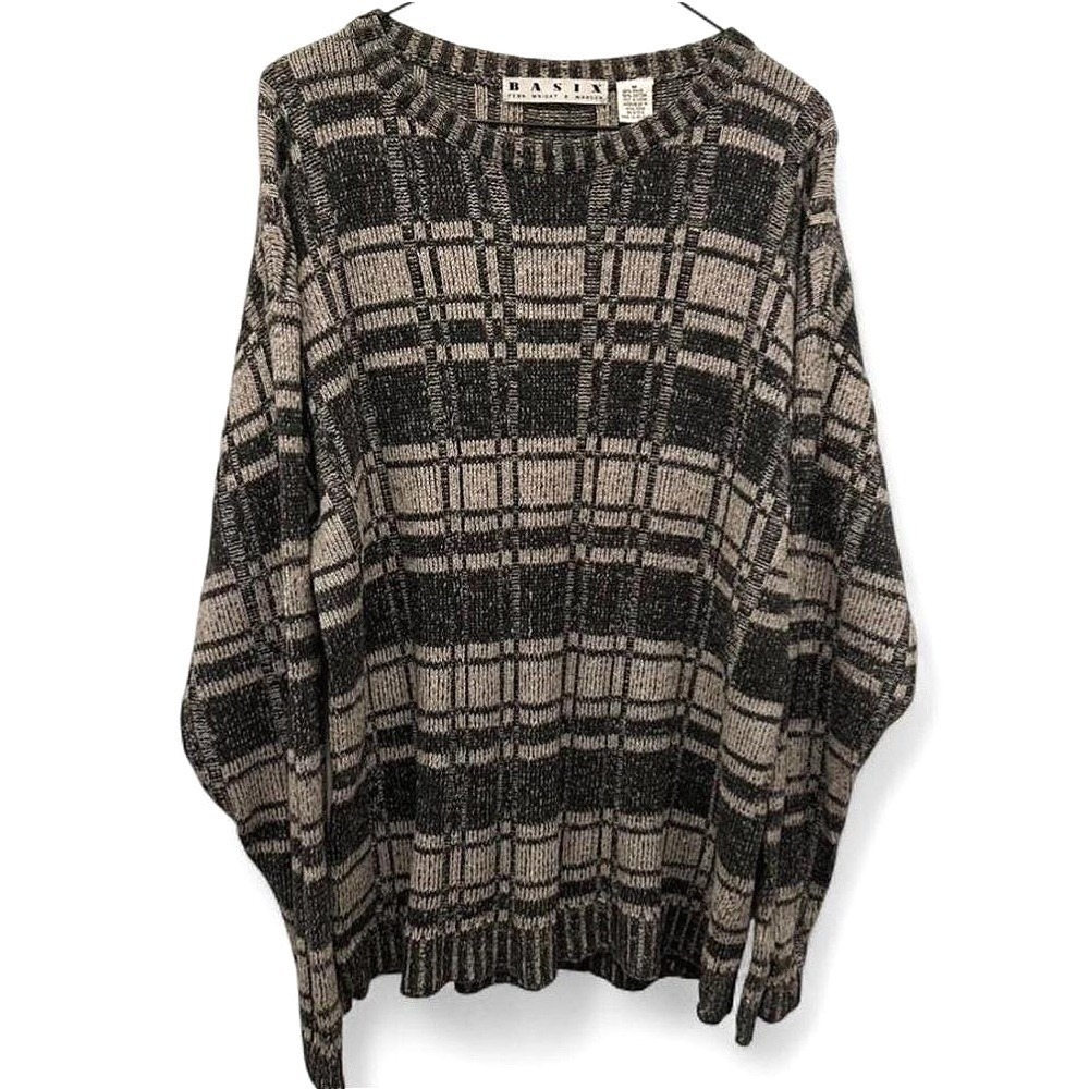 Vintage BASIX Fenn Wright & Manson Ramie Cotton Plaid Sweater M 90s Grunge Cozy